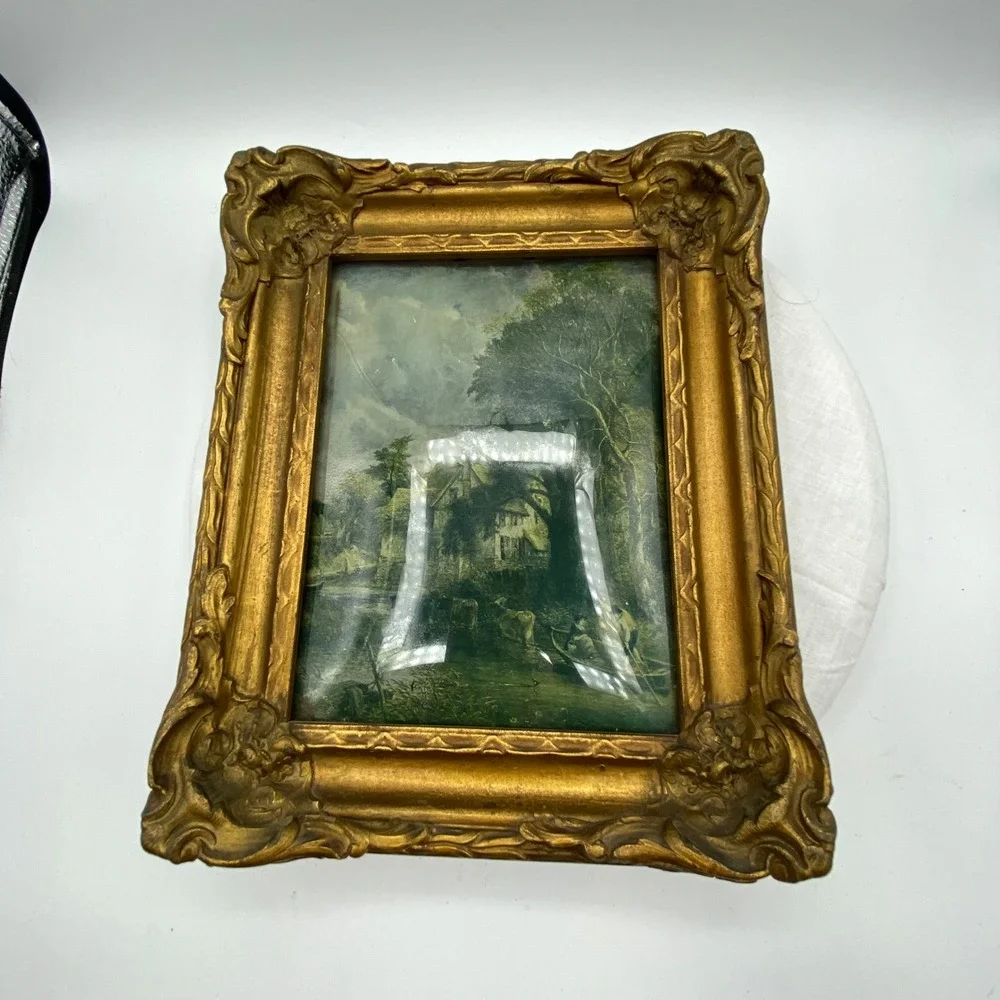 Vintage 10x9 Framed Landscape Gold Ornate Rococo Pastoral Scene Gilt Rustic